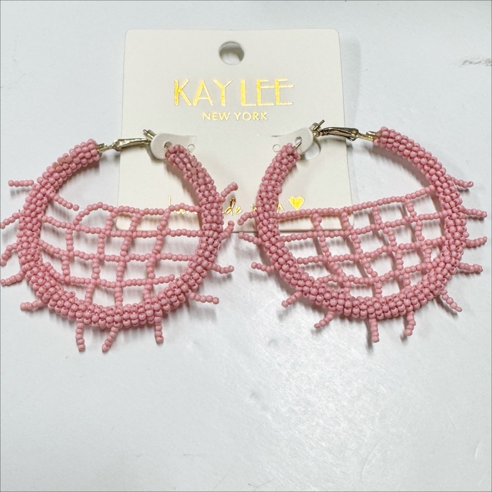 Kay Lee New York | Handmade Pink Beaded Hoop Earrings – Boho Vacation Chic – NWT